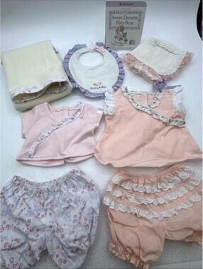 American Girl Bitty Baby Layette Outfits Hat Blanket Bib Peach Purple Flowers